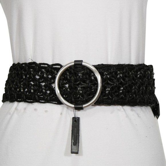 Black Hemp Leather Macrame O-Ring Wide Belt M main image 5